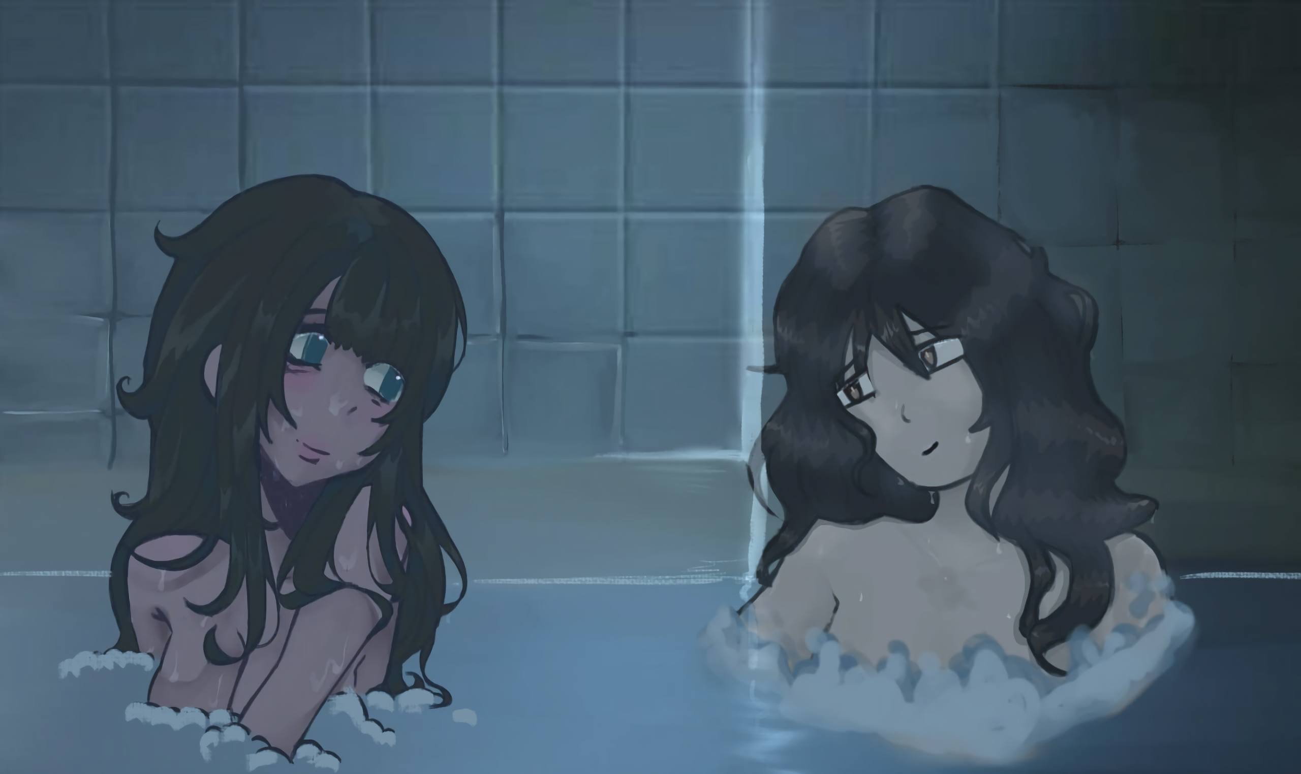 Full scene: two girls in a bathhouse under soft blue light