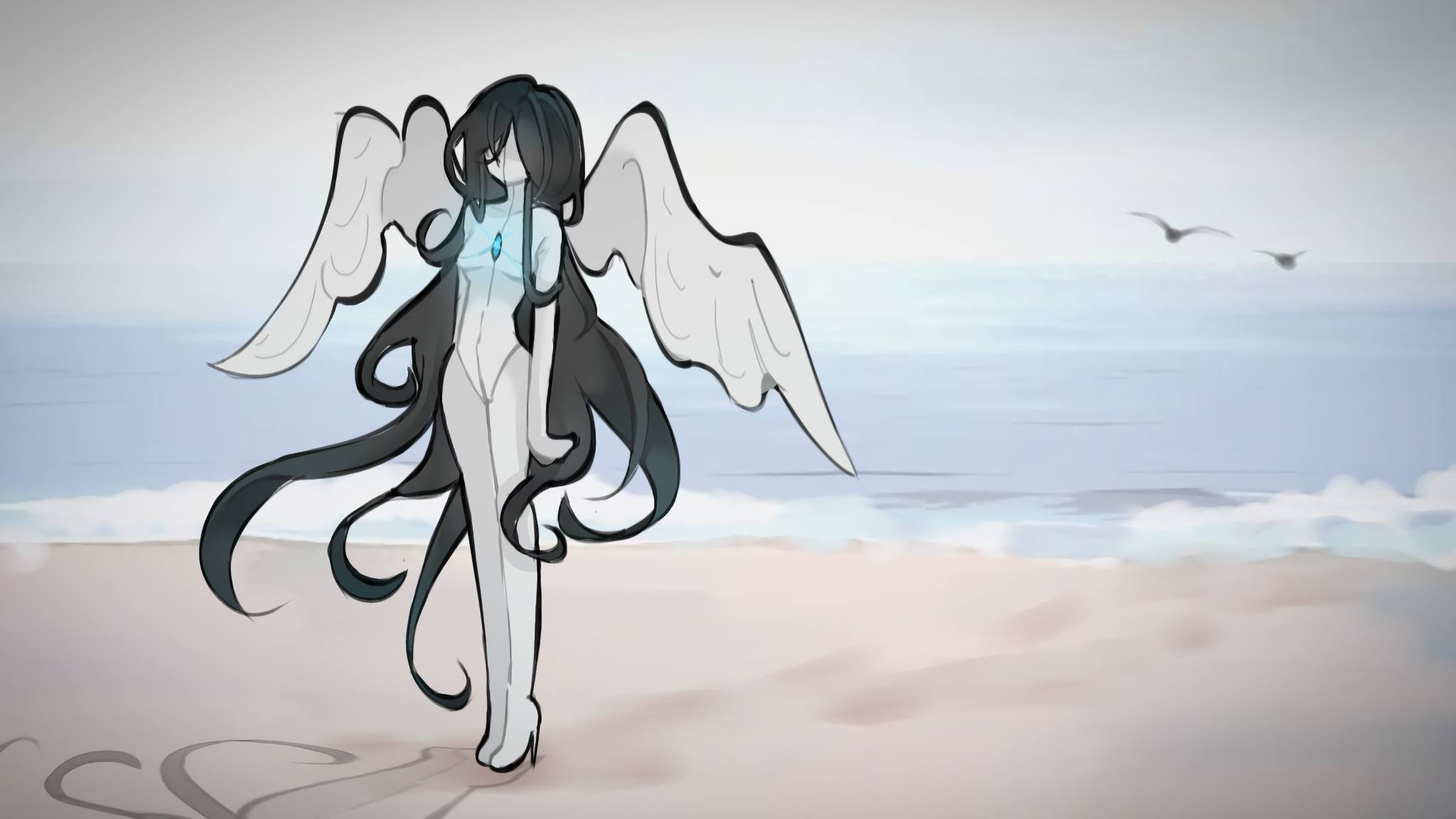 Full scene: a winged girl walking along a pale shoreline