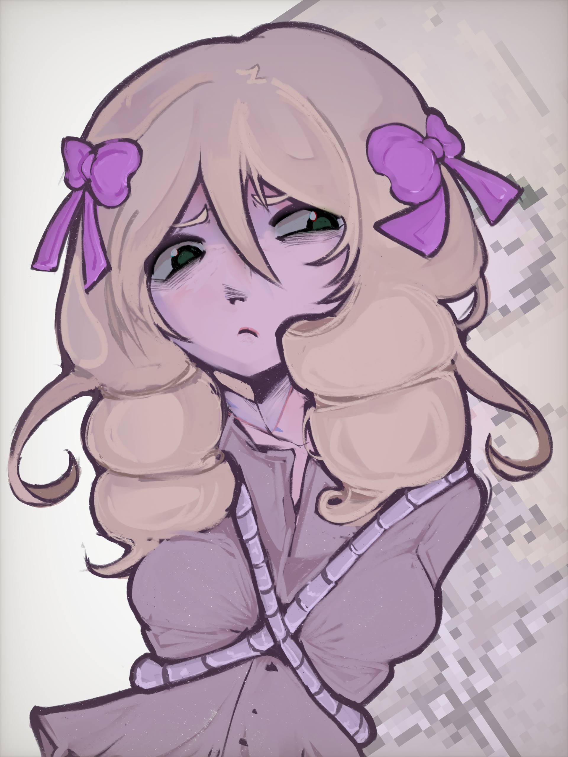 Half body: a girl with purple bows and curly blonde hair