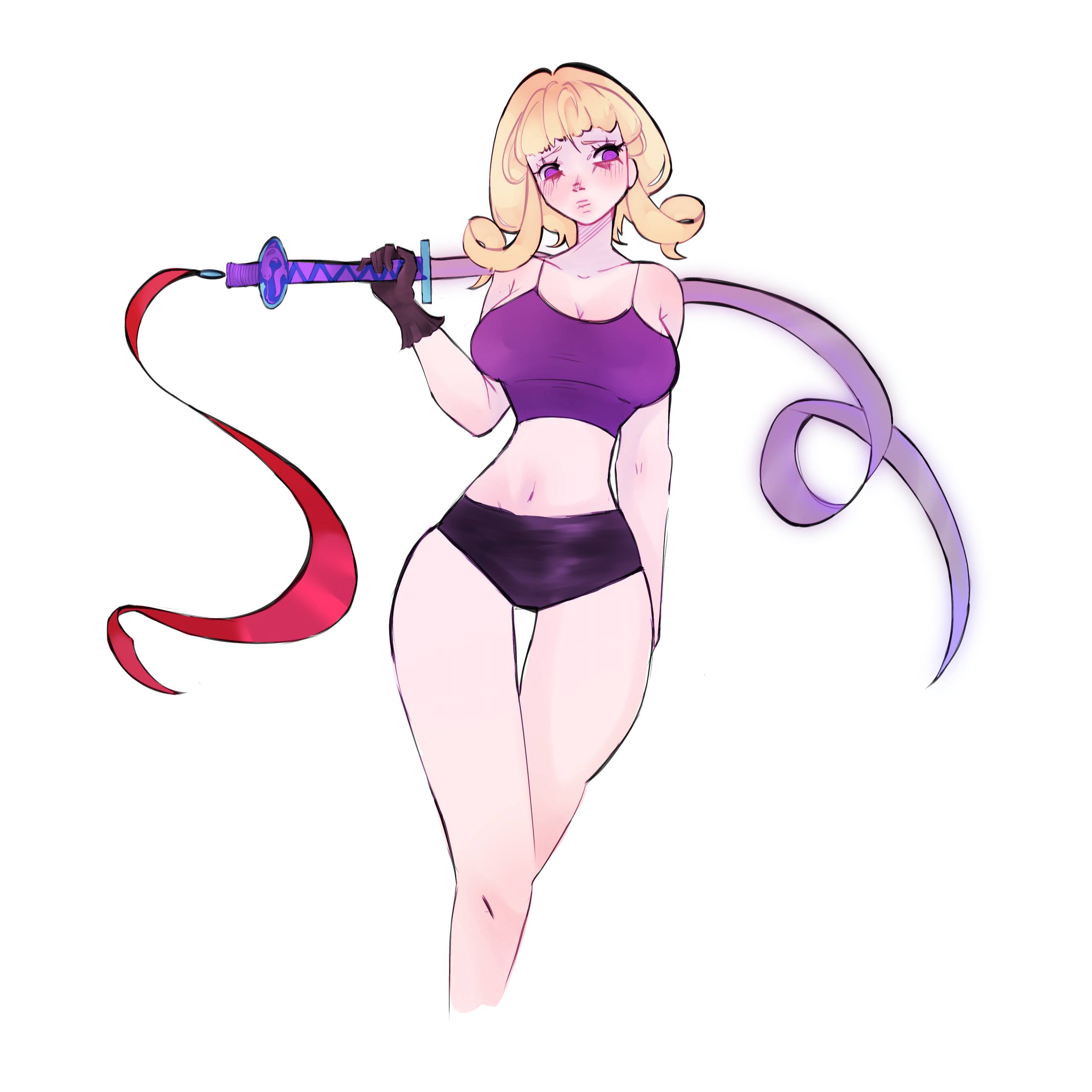 Full body: a girl with a katana over her shoulder and trailing ribbons